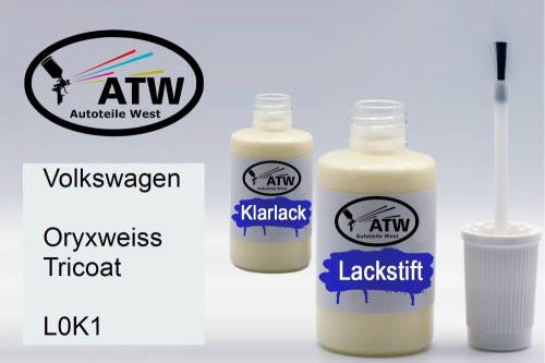 Volkswagen, Oryxweiss Tricoat, L0K1: 20ml Lackstift + 20ml Klarlack - Set, von ATW Autoteile West.